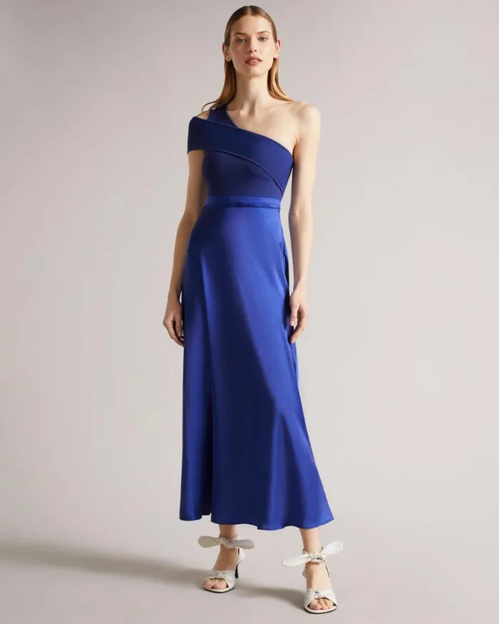 Asymmetric Knit Bodice Dress With Satin Skirt Dark Blue Women Ted Baker Clothing Asymmetric Knit Bodice Dress With Satin Skirt Dark Blue Women Ted Baker Clothing
