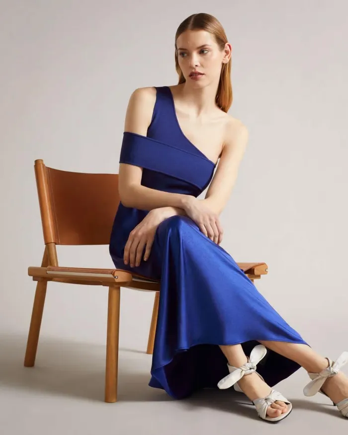 Asymmetric Knit Bodice Dress With Satin Skirt Dark Blue Women Ted Baker Clothing Asymmetric Knit Bodice Dress With Satin Skirt Dark Blue Women Ted Baker Clothing