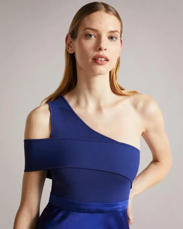 Asymmetric Knit Bodice Dress With Satin Skirt Dark Blue Women Ted Baker Clothing Asymmetric Knit Bodice Dress With Satin Skirt Dark Blue Women Ted Baker Clothing