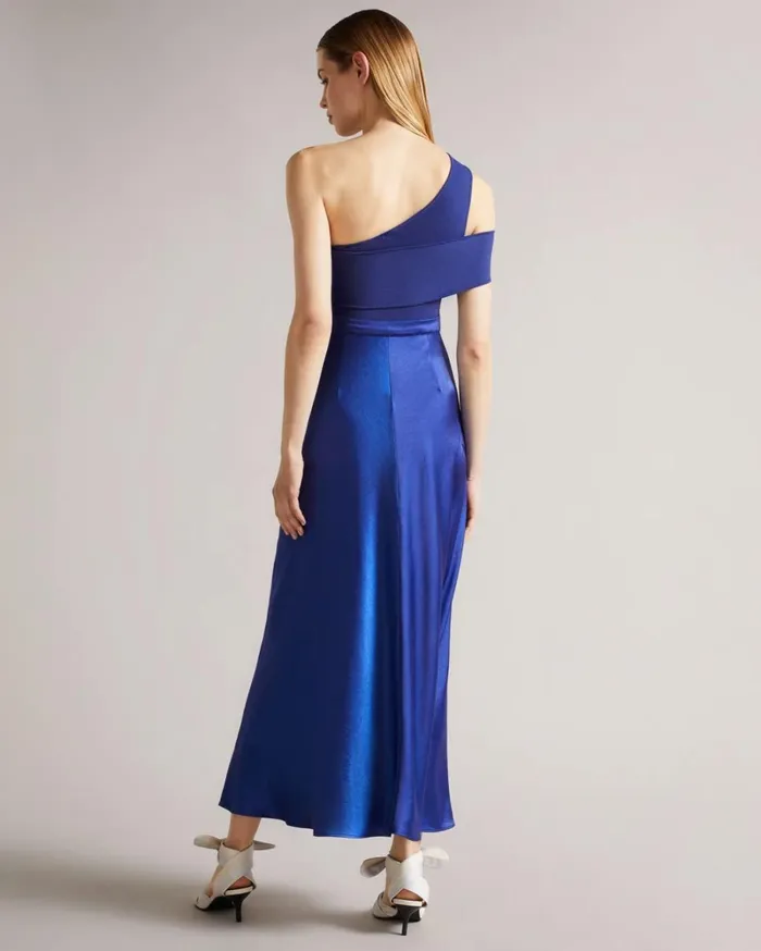 Asymmetric Knit Bodice Dress With Satin Skirt Dark Blue Women Ted Baker Clothing Asymmetric Knit Bodice Dress With Satin Skirt Dark Blue Women Ted Baker Clothing