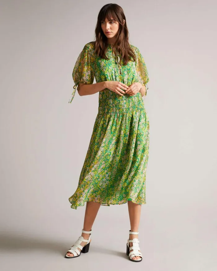 Asymmetric Smocking Midi Dress With Neck Tie Medium Green Women Ted Baker Dresses