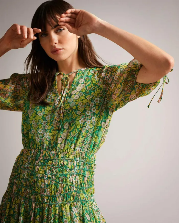Asymmetric Smocking Midi Dress With Neck Tie Medium Green Women Ted Baker Dresses