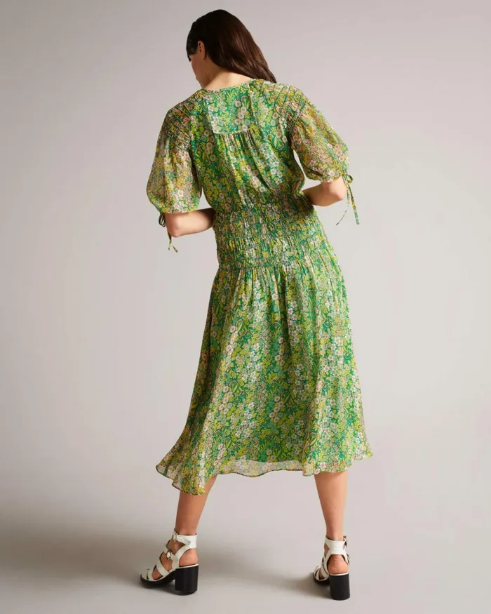 Asymmetric Smocking Midi Dress With Neck Tie Medium Green Women Ted Baker Dresses