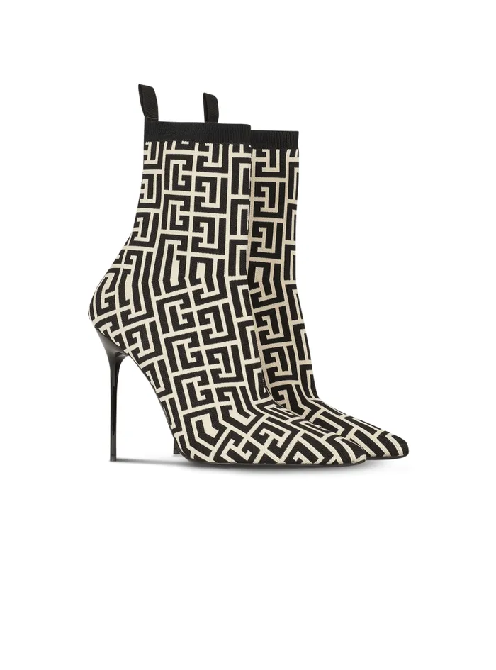 Balmain Boots Women Bicolor Stretch Knit Skye Ankle Boots With Monogram Black