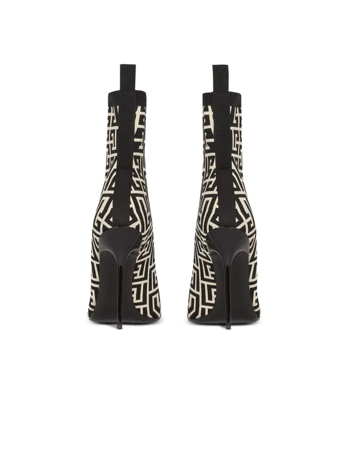 Balmain Boots Women Bicolor Stretch Knit Skye Ankle Boots With Monogram Black