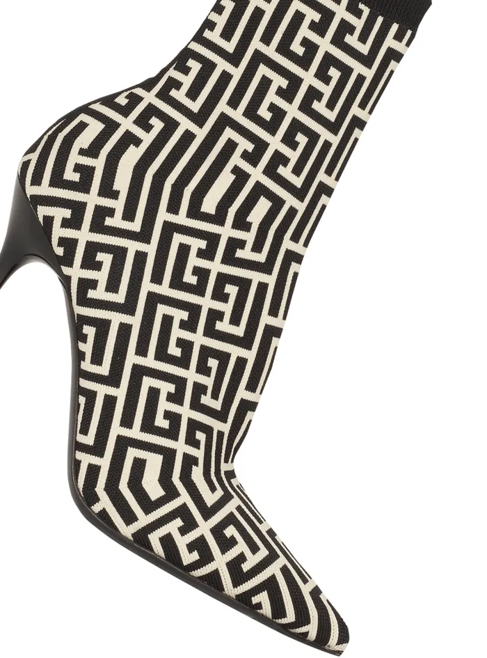 Balmain Boots Women Bicolor Stretch Knit Skye Ankle Boots With Monogram Black