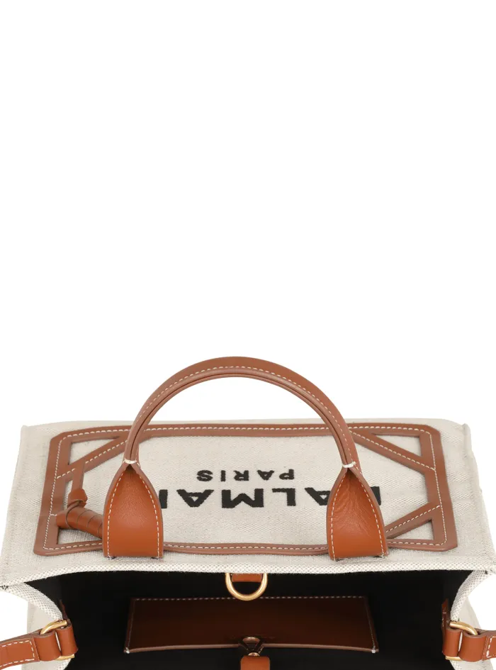 Balmain Crossbody Bags Women BArmy Small Canvas Shopping Bag With Leather Inserts Brown