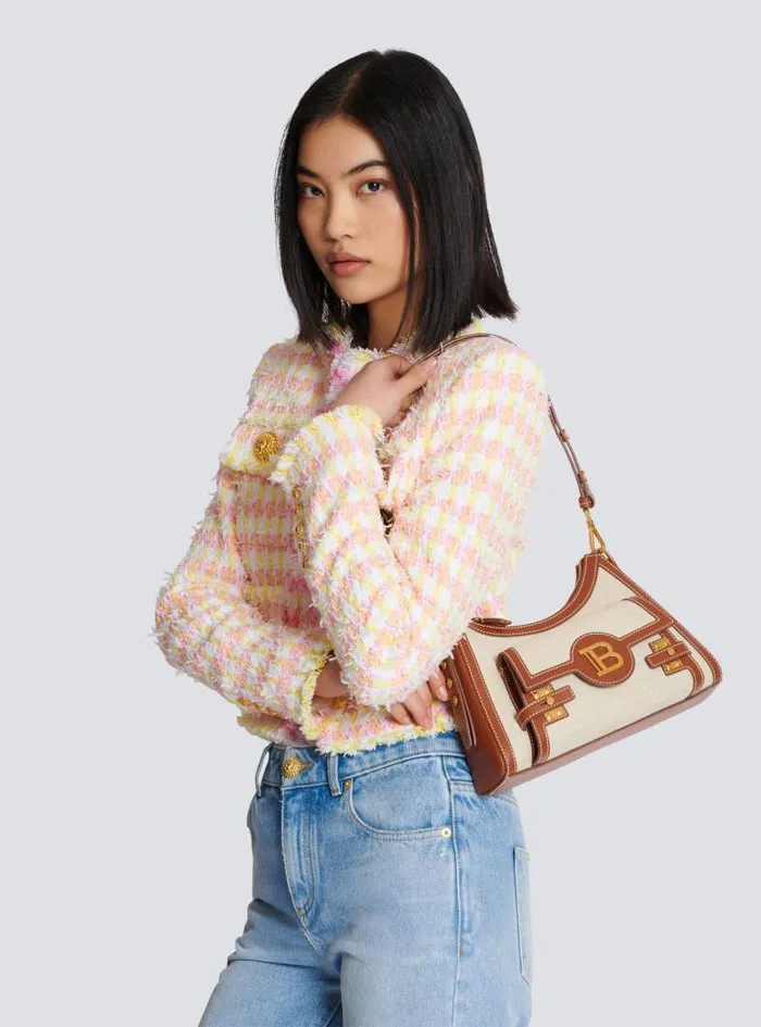 Balmain Crossbody Bags Women BBuzz Hobo Bag In Leather And Canvas Beige