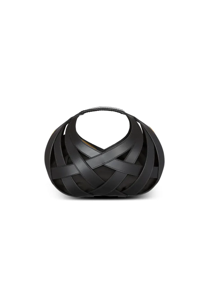 Balmain Crossbody Bags Women Calfskin Basket Bag With An Openwork Grid Motif Black