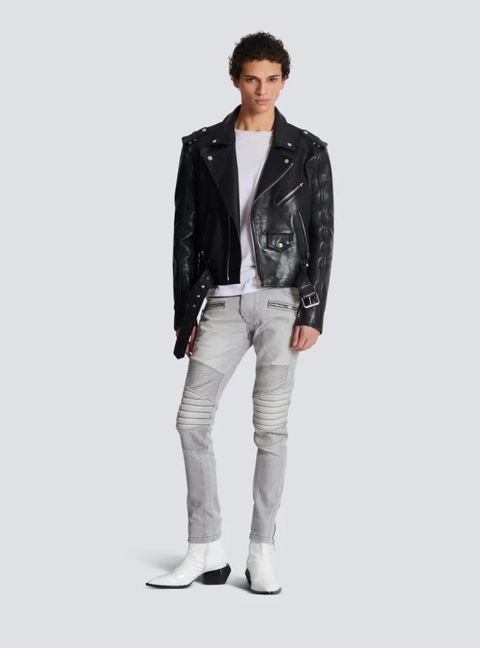 Balmain Denim Men Biker Jeans In Grey Quilted Denim Grey