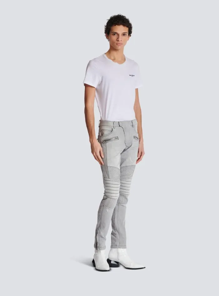 Balmain Denim Men Biker Jeans In Grey Quilted Denim Grey