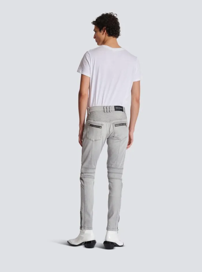 Balmain Denim Men Biker Jeans In Grey Quilted Denim Grey