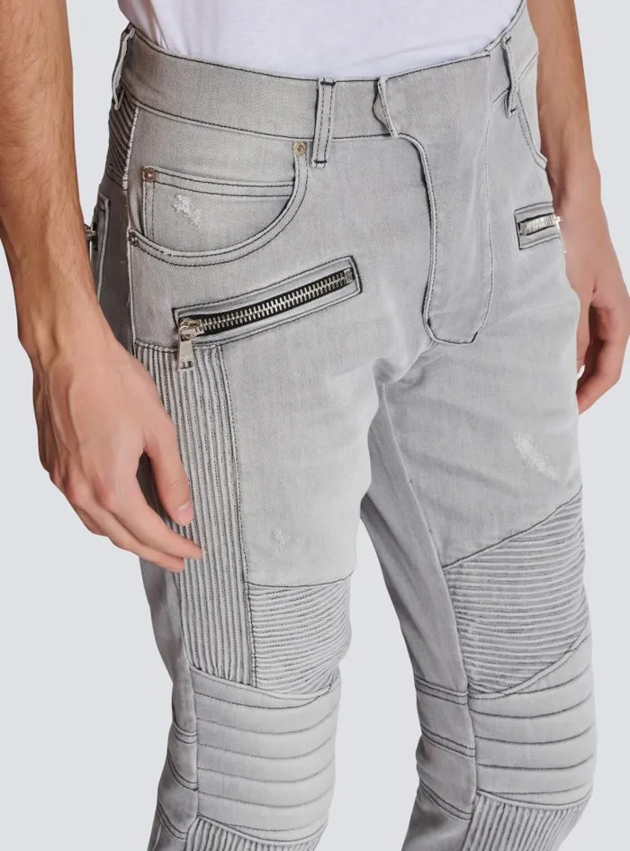 Balmain Denim Men Biker Jeans In Grey Quilted Denim Grey