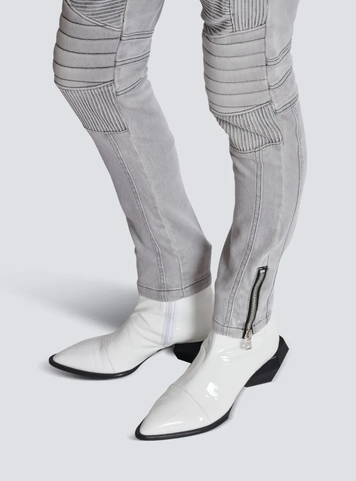 Balmain Denim Men Biker Jeans In Grey Quilted Denim Grey