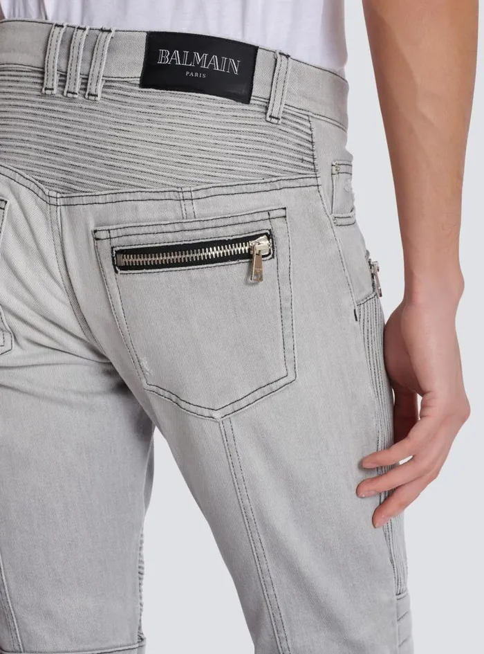 Balmain Denim Men Biker Jeans In Grey Quilted Denim Grey
