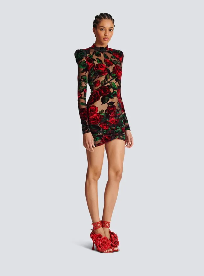Balmain Dresses Women Burnout Velvet Dress With Rose Print Red