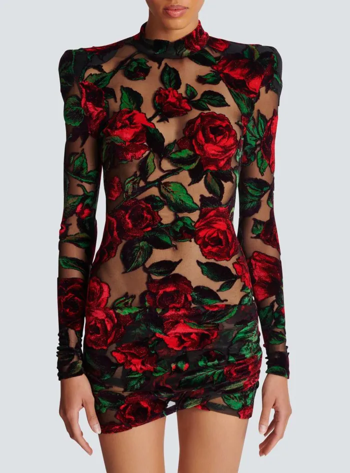 Balmain Dresses Women Burnout Velvet Dress With Rose Print Red
