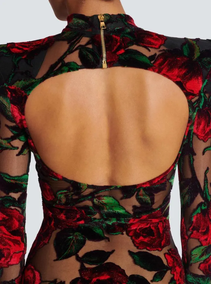 Balmain Dresses Women Burnout Velvet Dress With Rose Print Red
