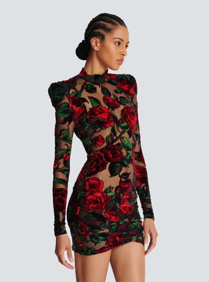 Balmain Dresses Women Burnout Velvet Dress With Rose Print Red