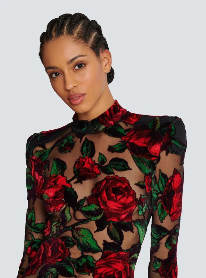 Balmain Dresses Women Burnout Velvet Dress With Rose Print Red