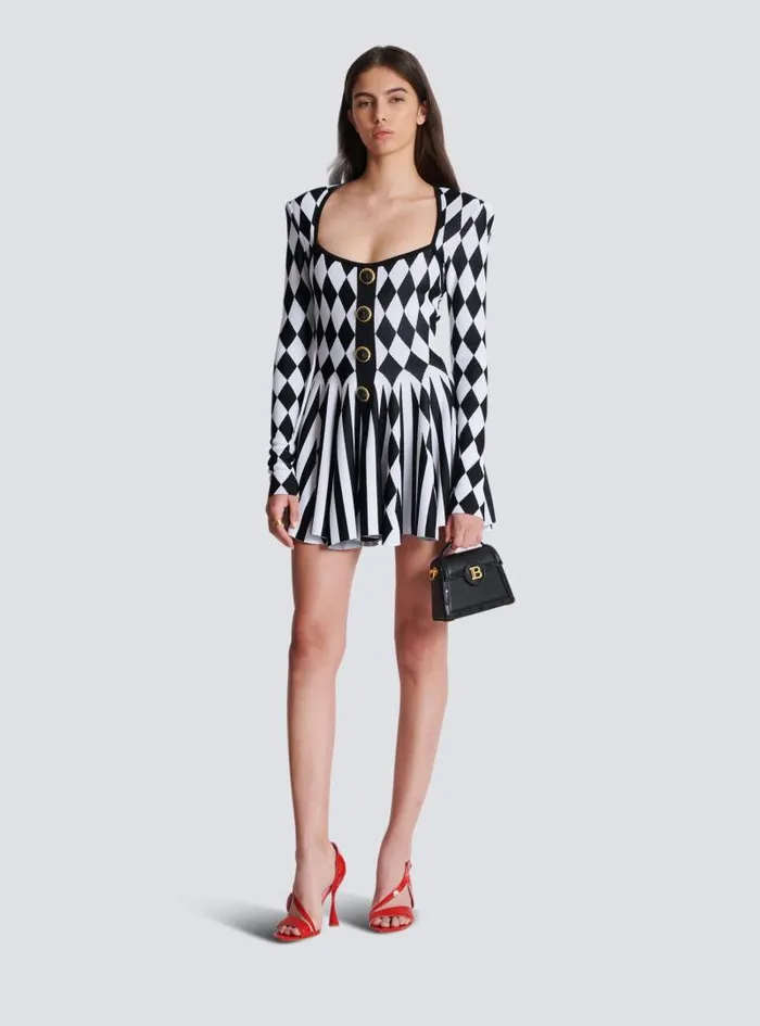 Balmain Dresses Women Diamond Jacquard Flared Knit Dress Black