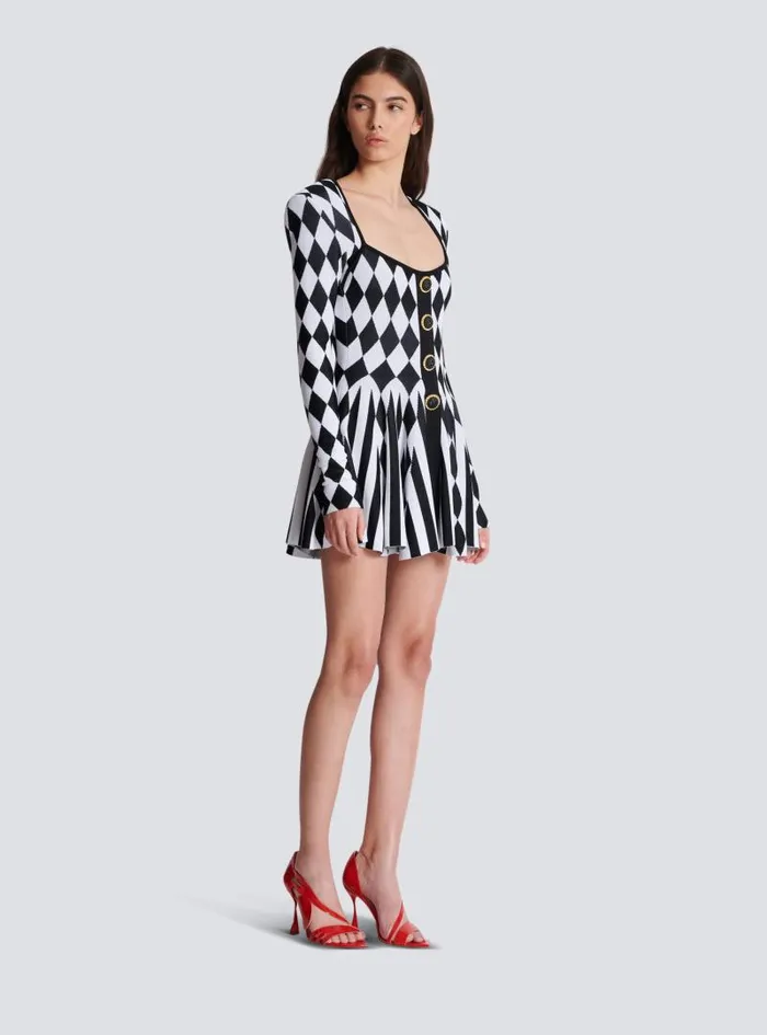 Balmain Dresses Women Diamond Jacquard Flared Knit Dress Black