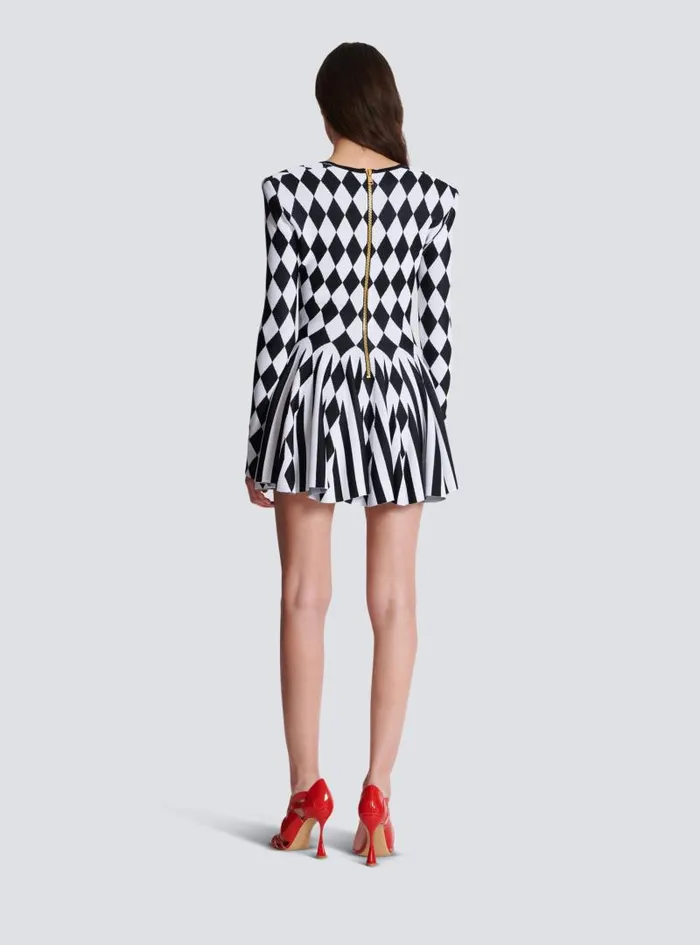 Balmain Dresses Women Diamond Jacquard Flared Knit Dress Black