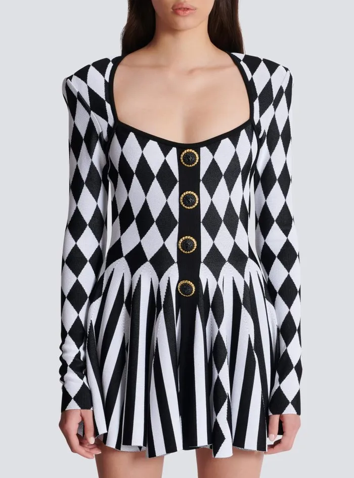 Balmain Dresses Women Diamond Jacquard Flared Knit Dress Black