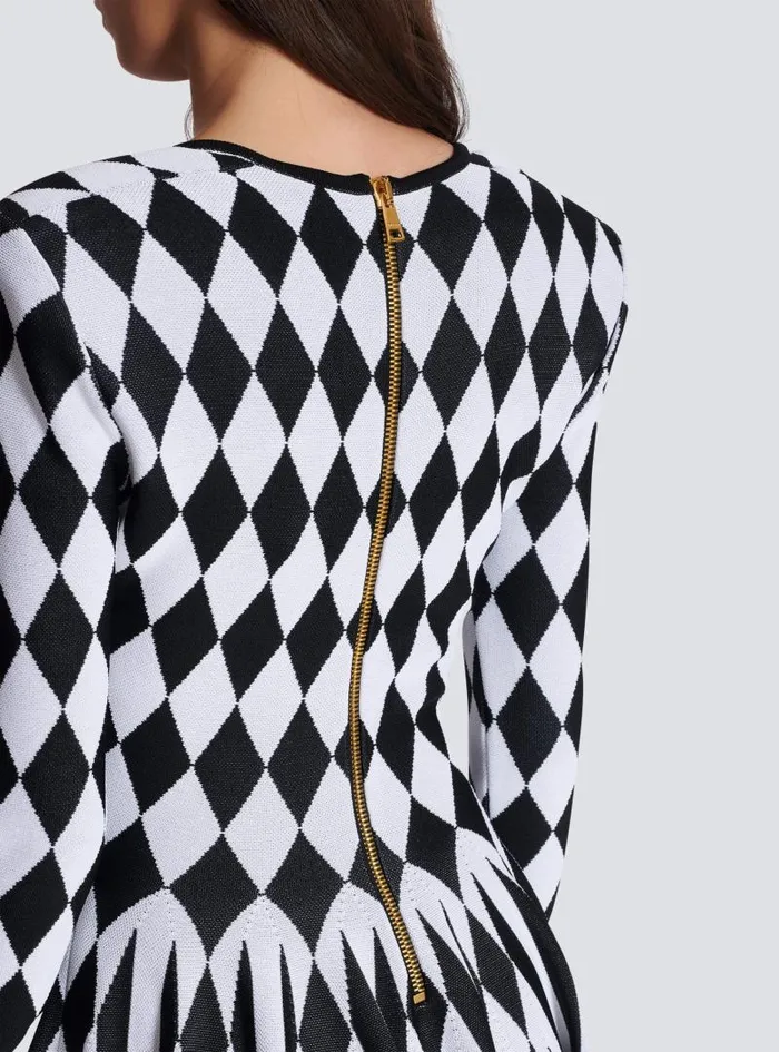Balmain Dresses Women Diamond Jacquard Flared Knit Dress Black