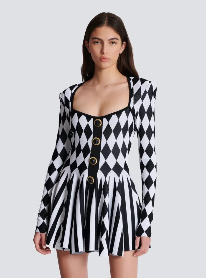 Balmain Dresses Women Diamond Jacquard Flared Knit Dress Black