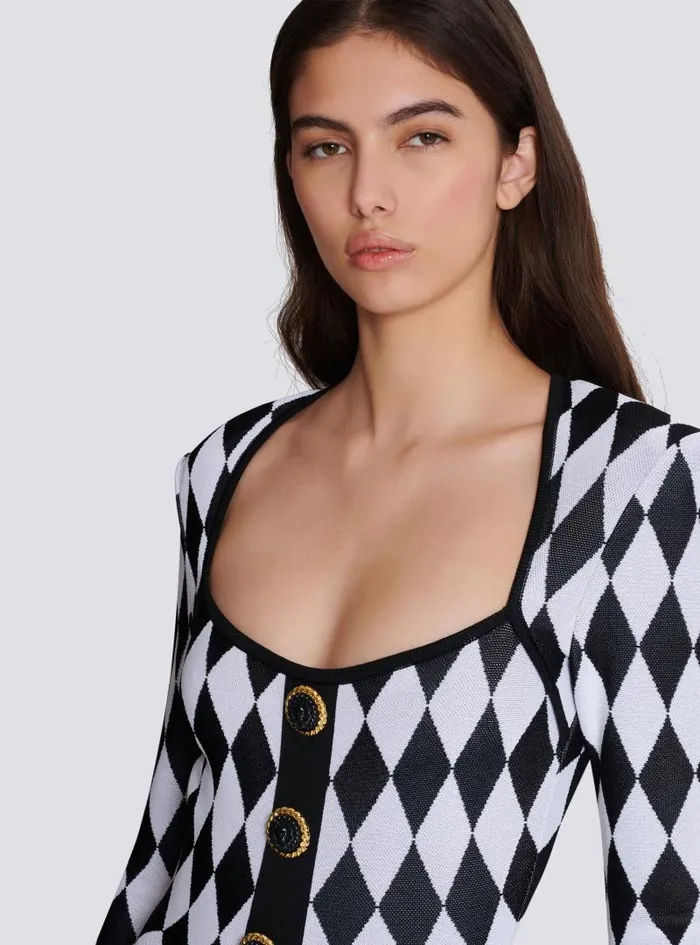 Balmain Dresses Women Diamond Jacquard Flared Knit Dress Black
