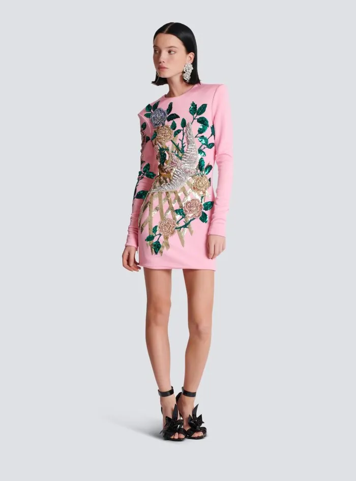 Balmain Dresses Women Embroidered Roses Dress Pink