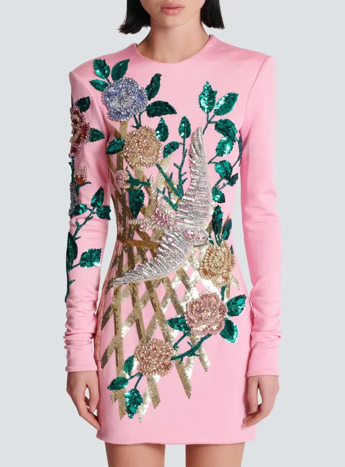 Balmain Dresses Women Embroidered Roses Dress Pink