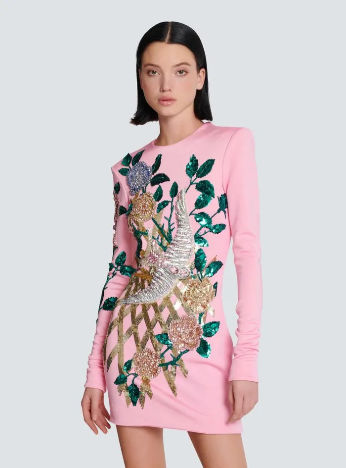 Balmain Dresses Women Embroidered Roses Dress Pink