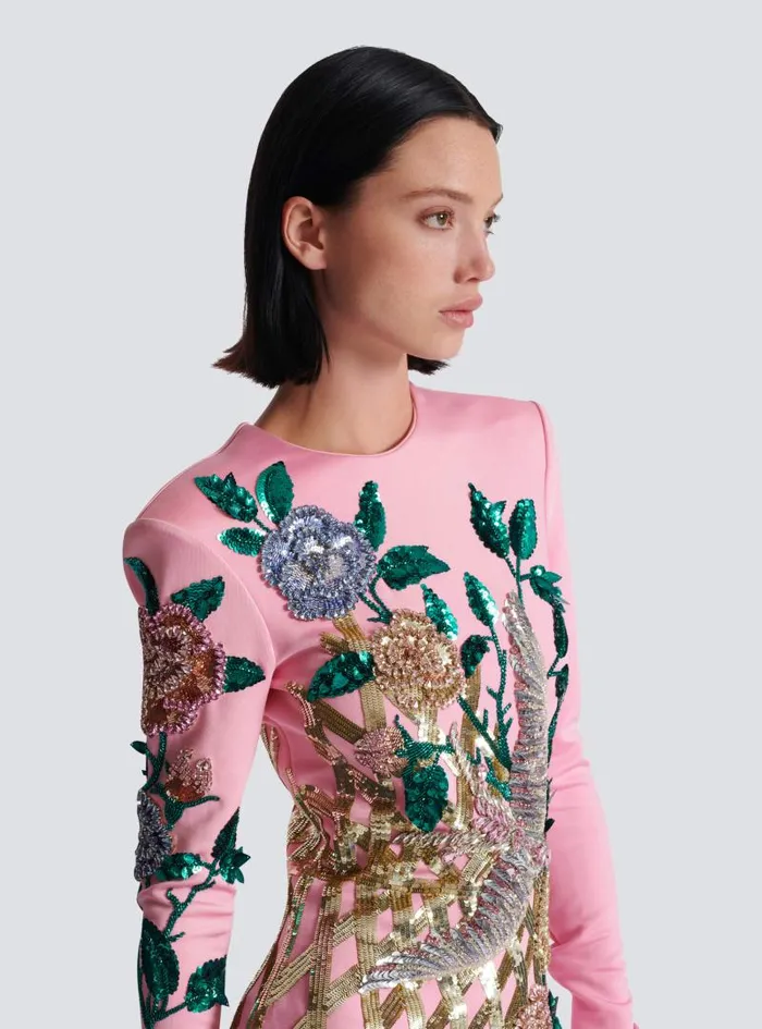 Balmain Dresses Women Embroidered Roses Dress Pink