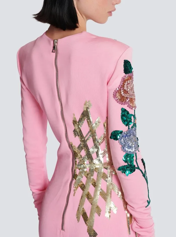 Balmain Dresses Women Embroidered Roses Dress Pink
