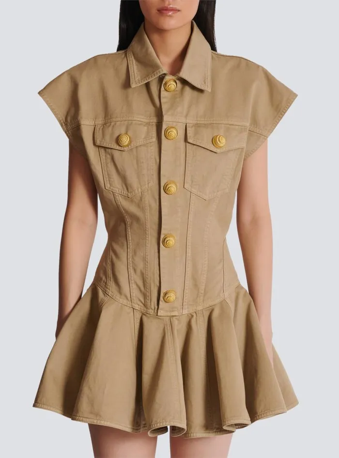 Balmain Dresses Women Flared Dress In Cotton Canvas Beige