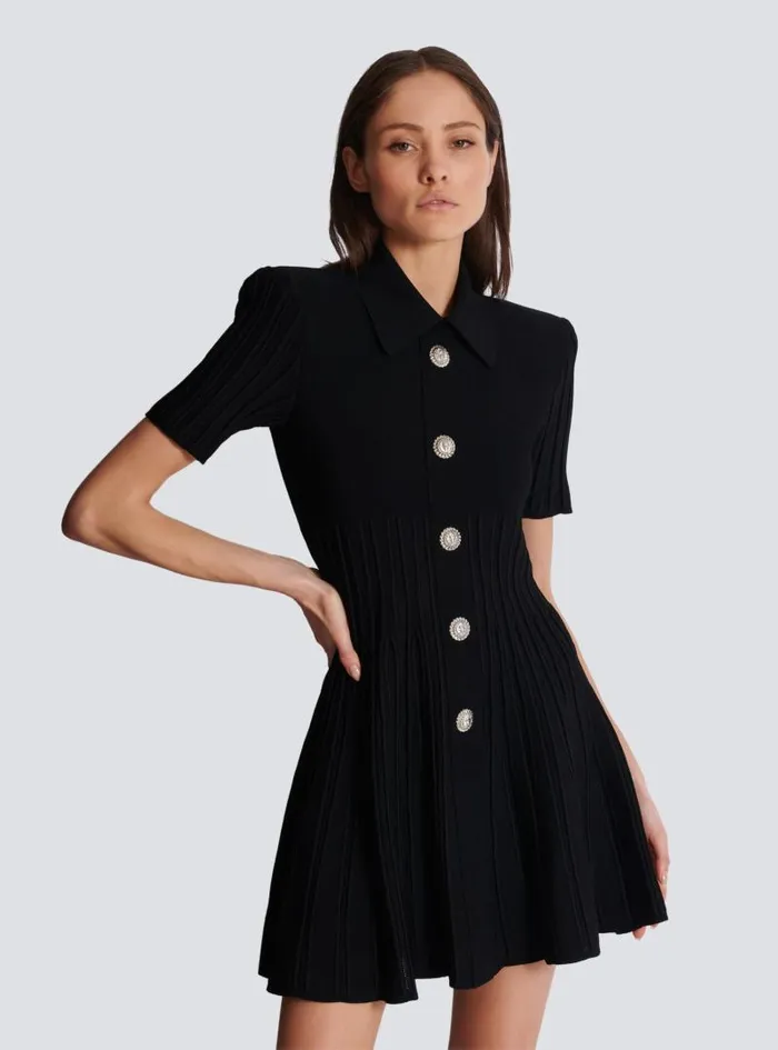 Balmain Dresses Women Flared Knit Dress With Buttons Black