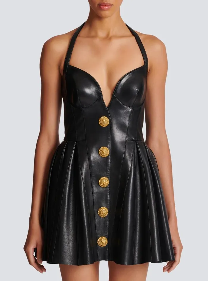 Balmain Dresses Women Flared Pleated Halterneck Dress In Leather Black