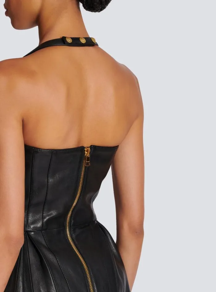 Balmain Dresses Women Flared Pleated Halterneck Dress In Leather Black