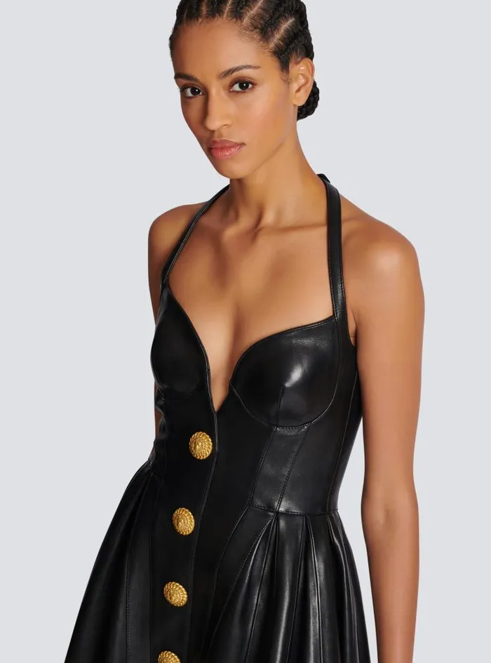 Balmain Dresses Women Flared Pleated Halterneck Dress In Leather Black