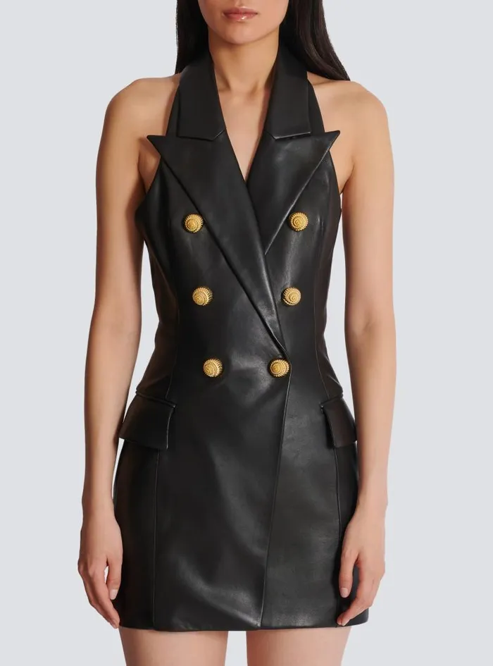 Balmain Dresses Women Lambskin Leather Halterneck Dress Black