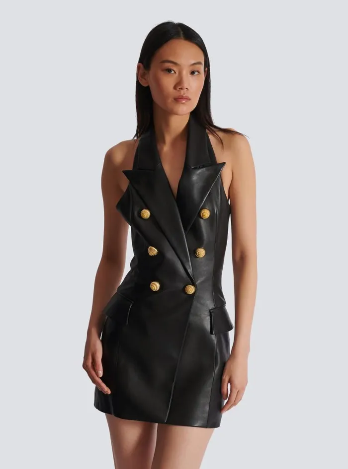 Balmain Dresses Women Lambskin Leather Halterneck Dress Black