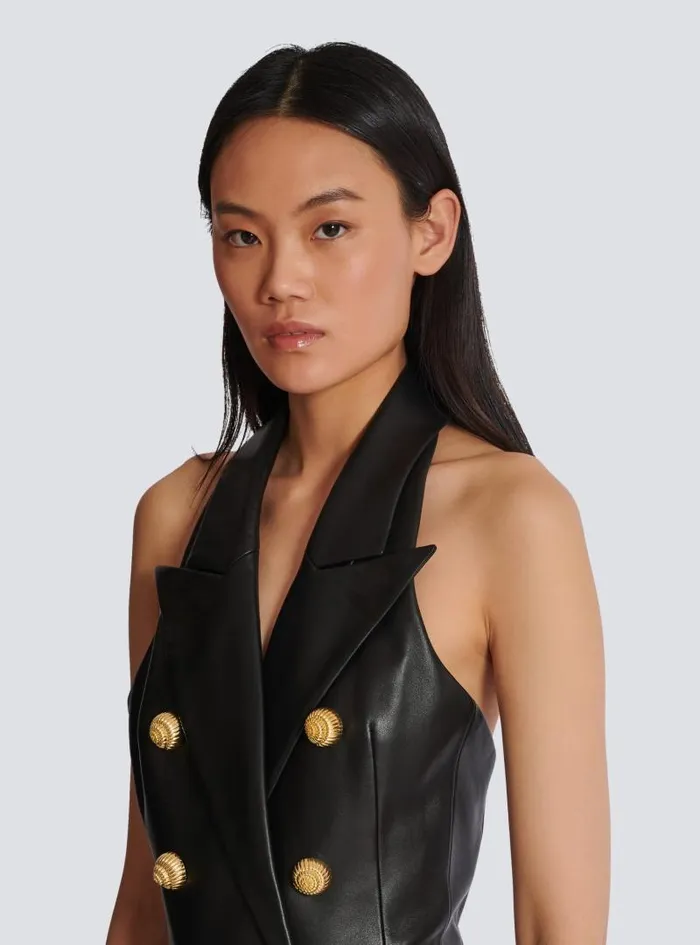 Balmain Dresses Women Lambskin Leather Halterneck Dress Black