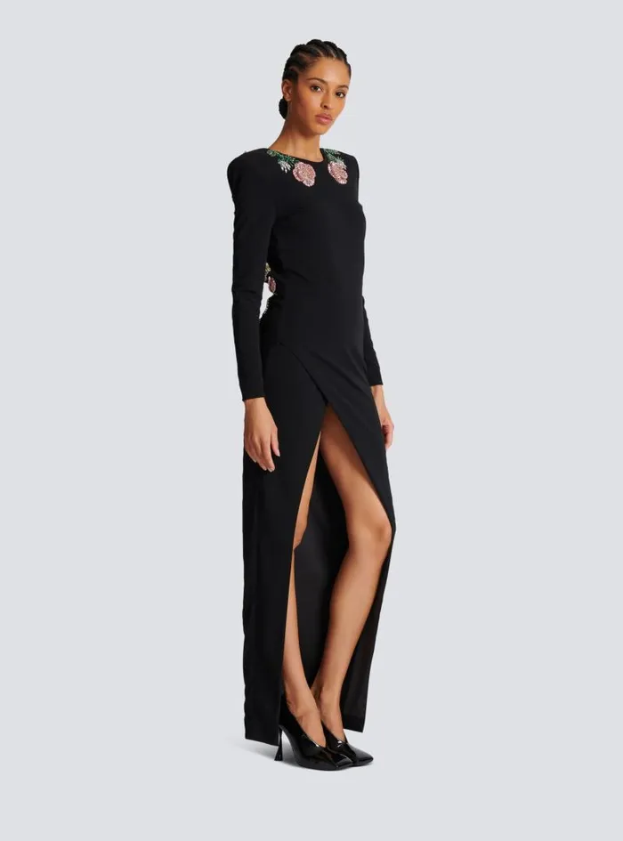 Balmain Dresses Women Long Backless Dress With Roses Embroidery Black