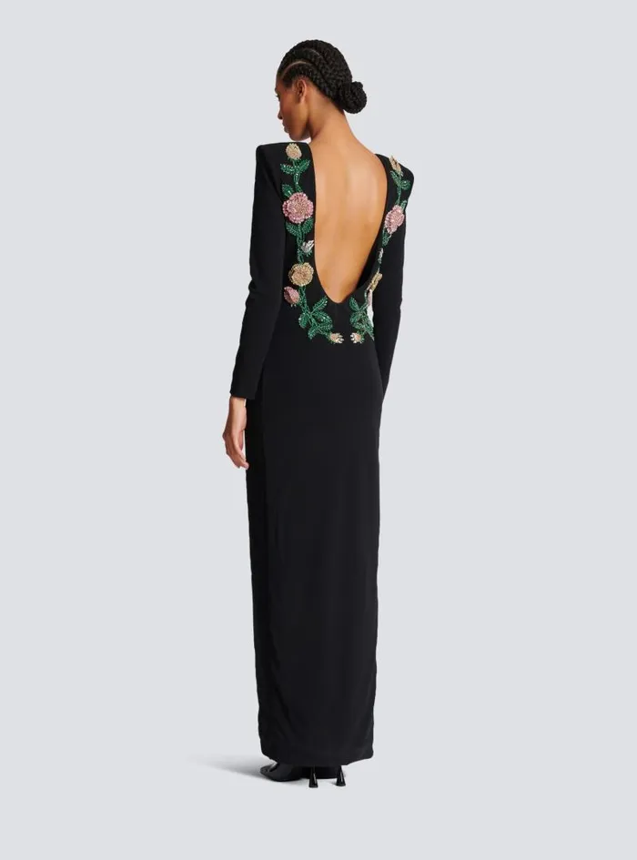 Balmain Dresses Women Long Backless Dress With Roses Embroidery Black