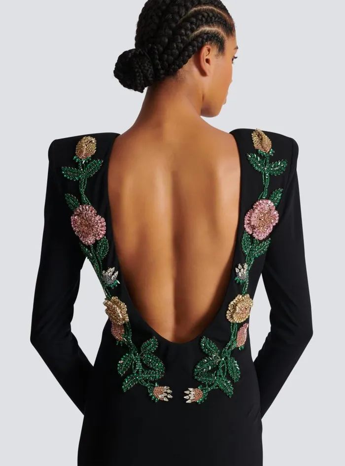 Balmain Dresses Women Long Backless Dress With Roses Embroidery Black