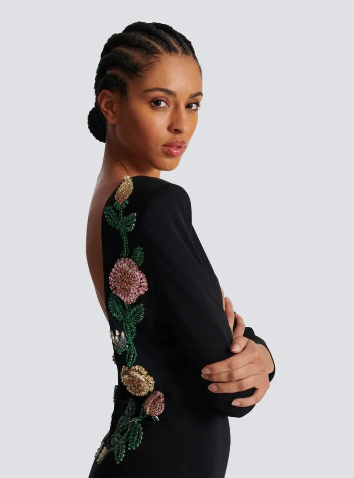 Balmain Dresses Women Long Backless Dress With Roses Embroidery Black