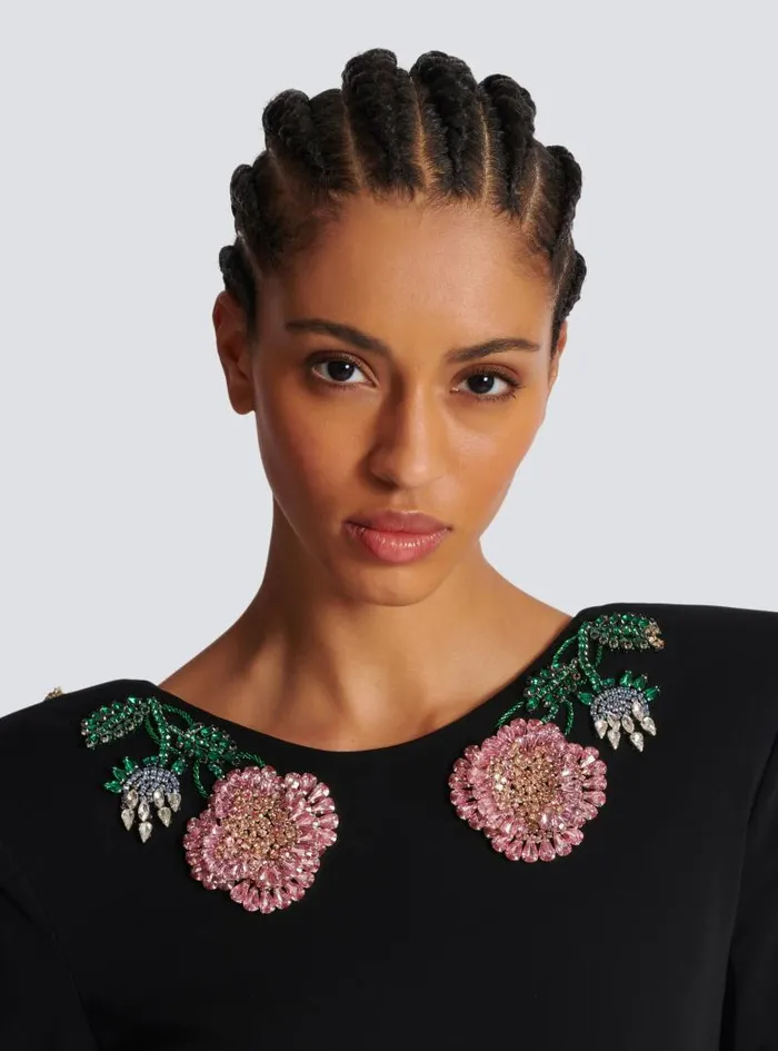 Balmain Dresses Women Long Backless Dress With Roses Embroidery Black