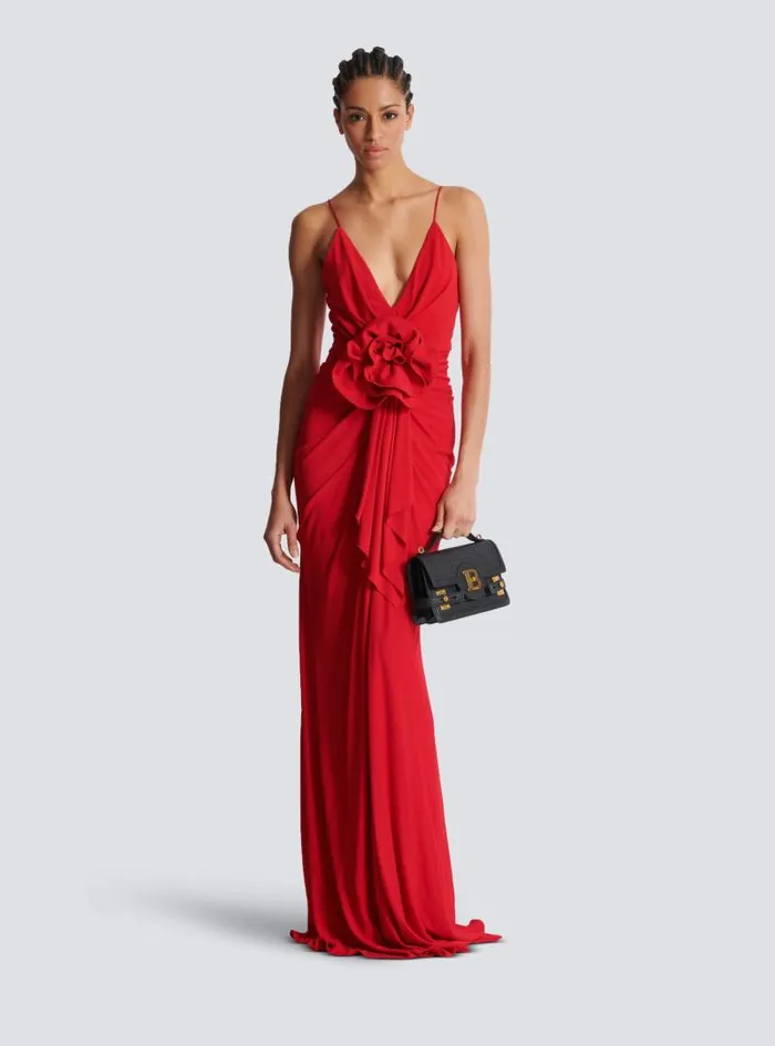 Balmain Dresses Women Long Pleated Dress With Flower Detail Red